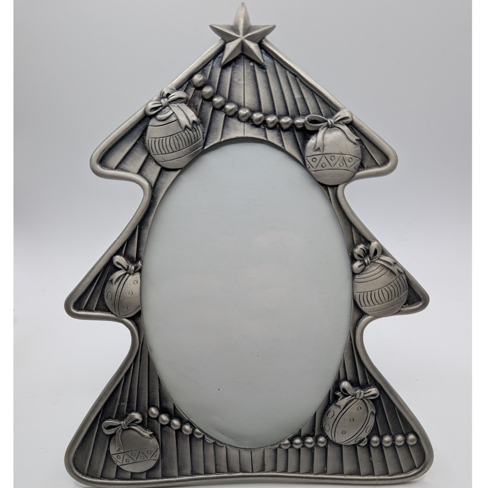 Christmas Tree Picture Frame Silver Pewter Tone Oval Opening Holiday Decor 5x3.5